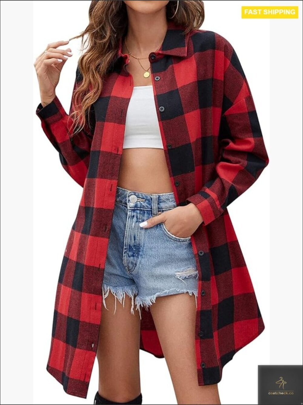 Flannel Button Down Shacket Mid Long Plaid Coat with Pockets Oversized